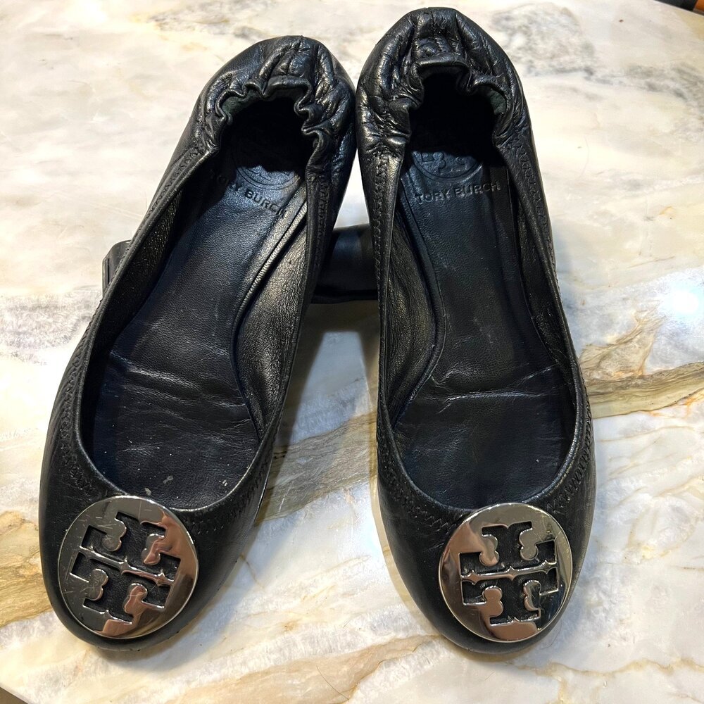 Tory Burch Reva Leather Black Silver Logo Ballet Flats Shoe Women's 6.5 - Picture 13 of 16